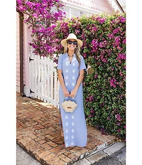 SAIL to SABLE x Palm Beach Lately Embroidered Shell Mandarin V-Neck Short Sleeve Caftan Maxi Dress
