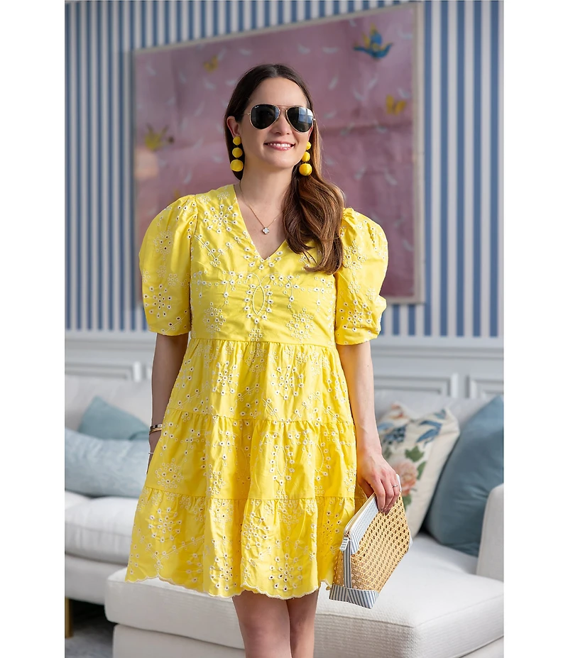 SAIL to SABLE x Style Charade Charlotte Eyelet V-Neck Elbow Sleeve Dress