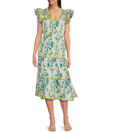SAIL to SABLE x Style Charade Floral Print V-Neck Flutter Sleeve Midi Dress