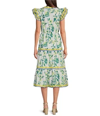 SAIL to SABLE x Style Charade Floral Print V-Neck Flutter Sleeve Midi Dress