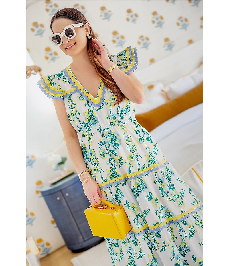 SAIL to SABLE x Style Charade Floral Print V-Neck Flutter Sleeve Midi Dress