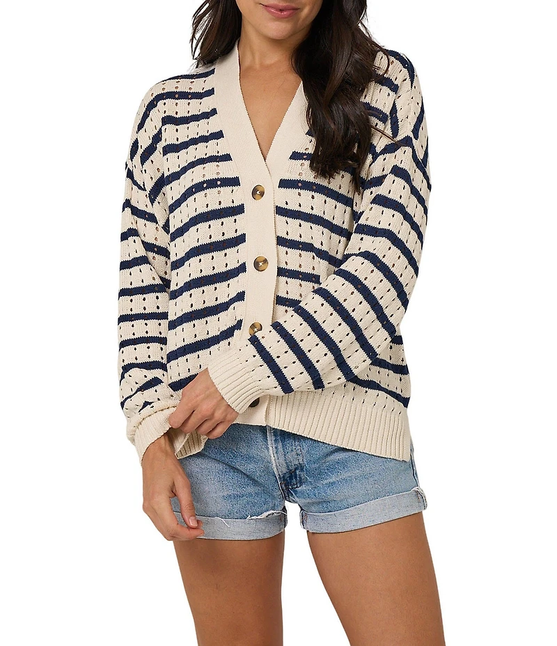 Salty Crew Captains Striped Open Knit Long Sleeve Cardigan