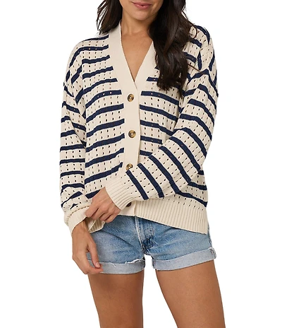 Salty Crew Captains Striped Open Knit Long Sleeve Cardigan