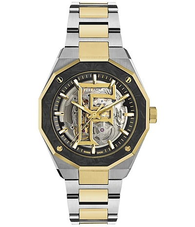 Salvatore Ferragamo Men's Ferragamo Edge Skeleton Automatic Two Tone Stainless Steel Bracelet Watch