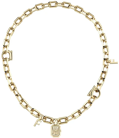 Salvatore Ferragamo Women's Quartz Tow Hand Gold Tone Stainless Steel Charm Necklace Watch