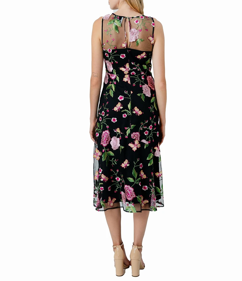 Sam Edelman 3D Floral Butterfly Crew Neck Sleeveless A-Line Midi Dress