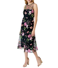 Sam Edelman 3D Floral Butterfly Crew Neck Sleeveless A-Line Midi Dress