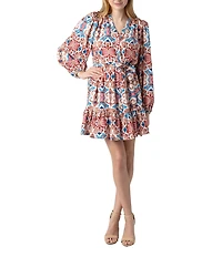 Sam Edelman Abstract Print V Neck Long Sleeve Waist Tie Belt Shirt Dress