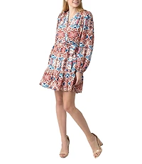 Sam Edelman Abstract Print V Neck Long Sleeve Waist Tie Belt Shirt Dress