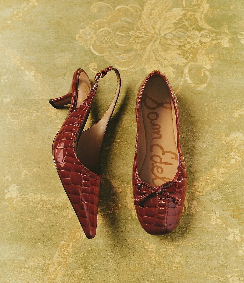 Sam Edelman Alie Croco Print Patent Leather Bow Detail Ballet Flats