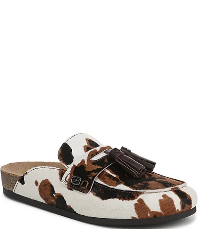 Sam Edelman Astrid Cow Print Calf Hair Tassel Detail Mules