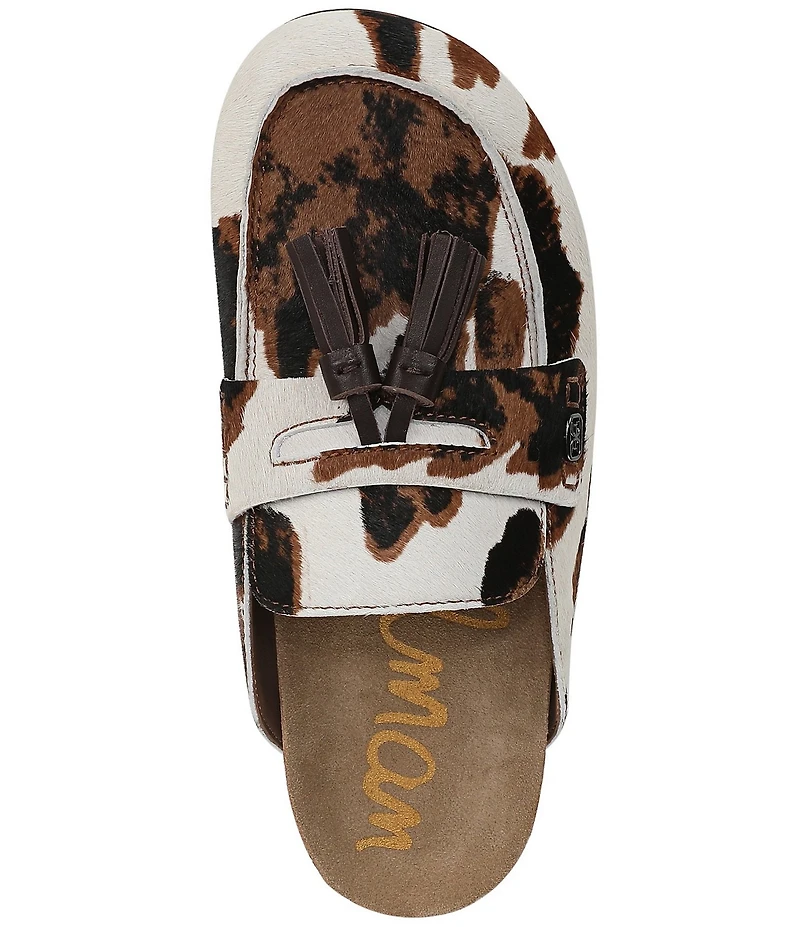 Sam Edelman Astrid Cow Print Calf Hair Tassel Detail Mules