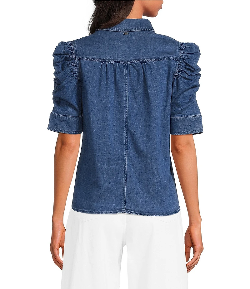 Sam Edelman Austin Stretch Denim Banded Collar Short Sleeve Top