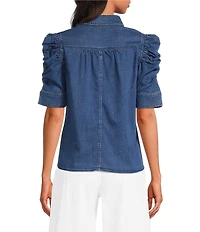 Sam Edelman Austin Stretch Denim Banded Collar Short Sleeve Top
