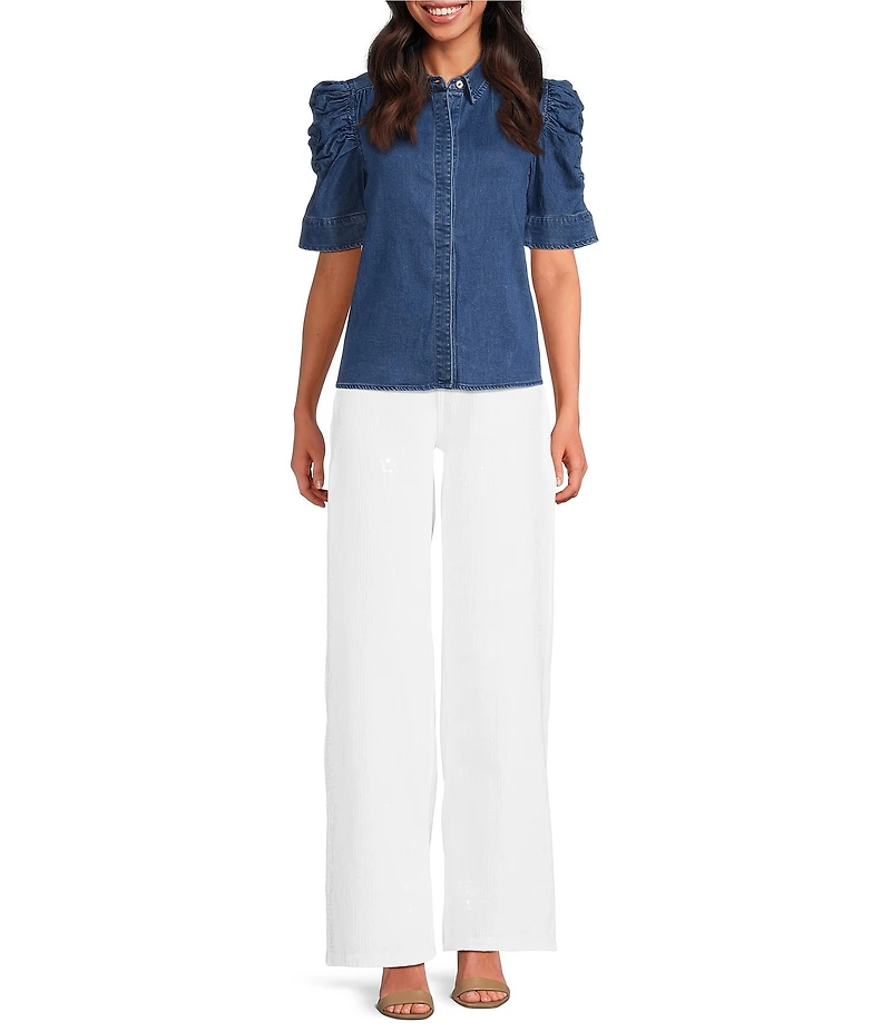 Sam Edelman Austin Stretch Denim Banded Collar Short Sleeve Top