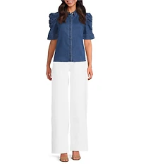 Sam Edelman Austin Stretch Denim Banded Collar Short Sleeve Top