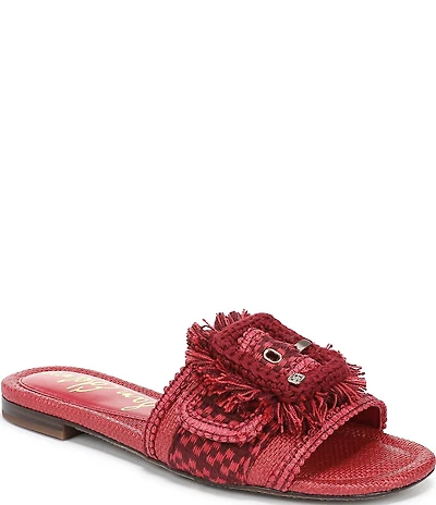 Sam Edelman Bambi Playa Raffia and Fringe Oversized Buckle Slide Sandals