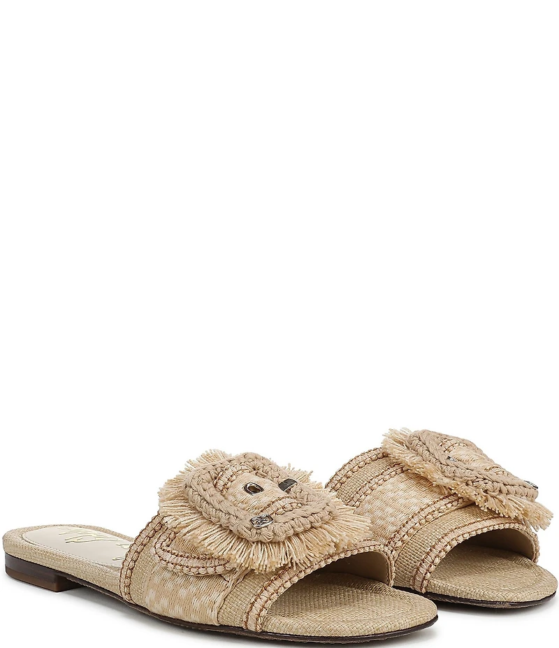 Sam Edelman Bambi Playa Raffia and Fringe Oversized Buckle Slide Sandals