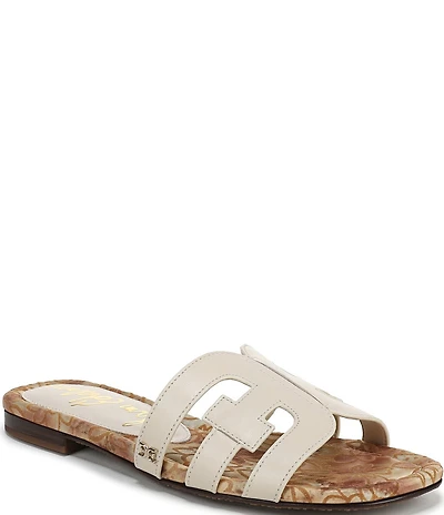 Sam Edelman Bay Leather Double E Floral Detail Logo Slide Sandals