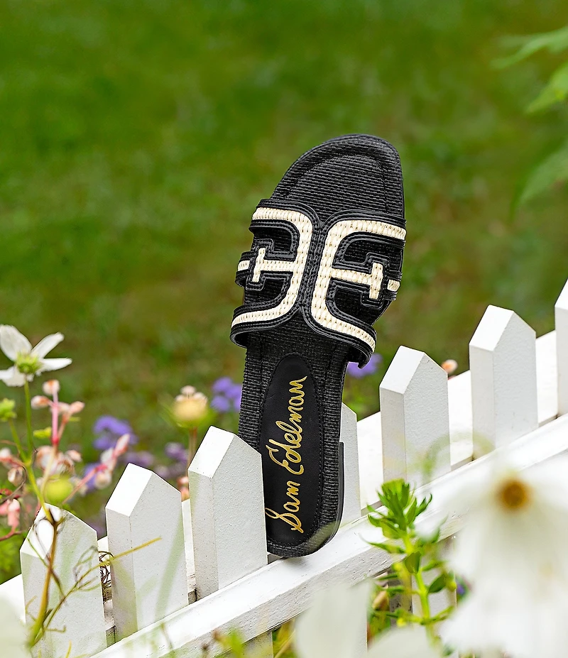 Sam Edelman Bay Raffia and Leather Double E Logo Slide Sandals