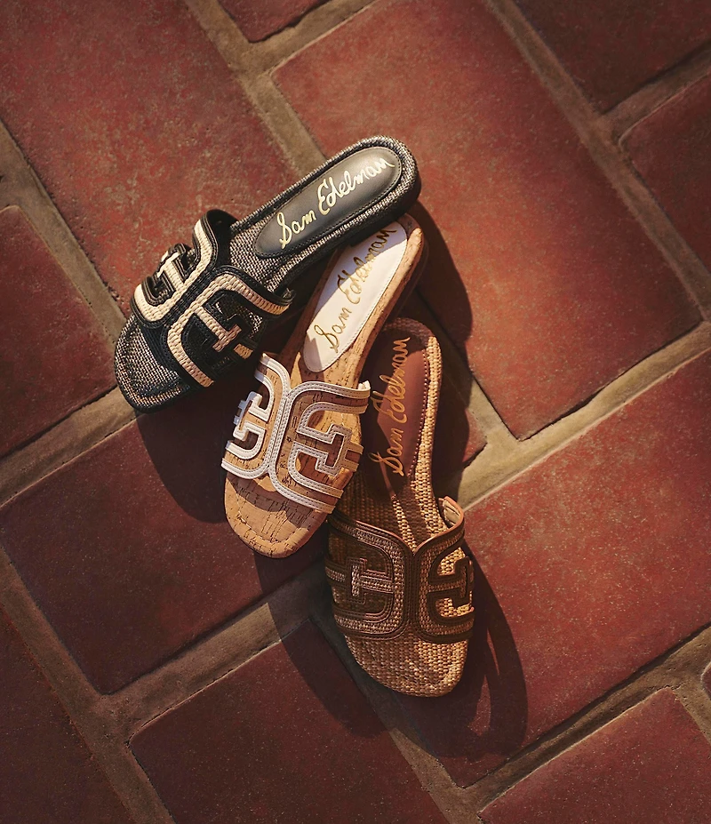 Sam Edelman Bay Raffia and Leather Double E Logo Slide Sandals
