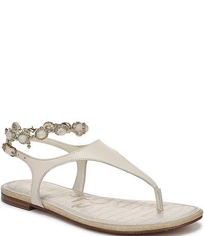 Sam Edelman Canna 2 Leather Pearl Embellished Anklet T-Strap Flat Sandals