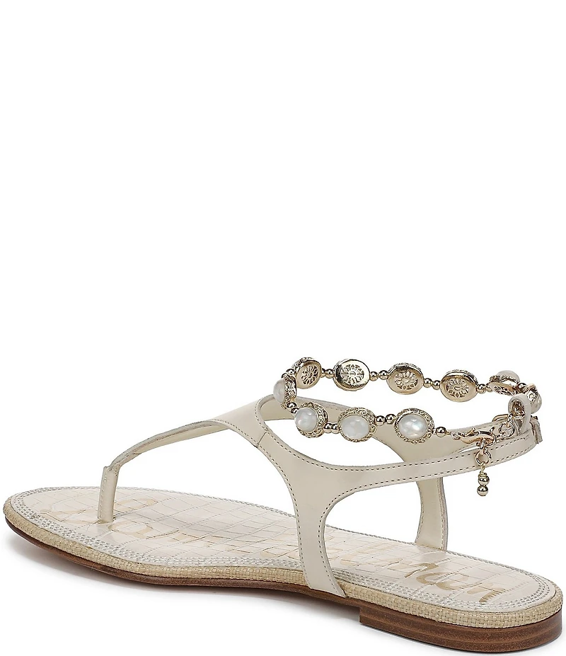 Sam Edelman Canna 2 Leather Pearl Embellished Anklet T-Strap Flat Sandals