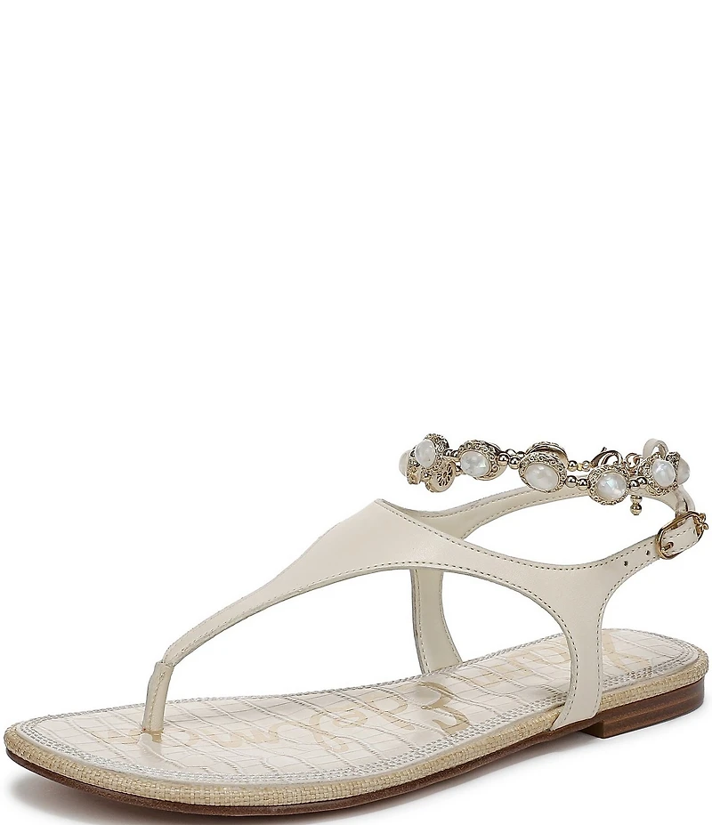 Sam Edelman Canna 2 Leather Pearl Embellished Anklet T-Strap Flat Sandals
