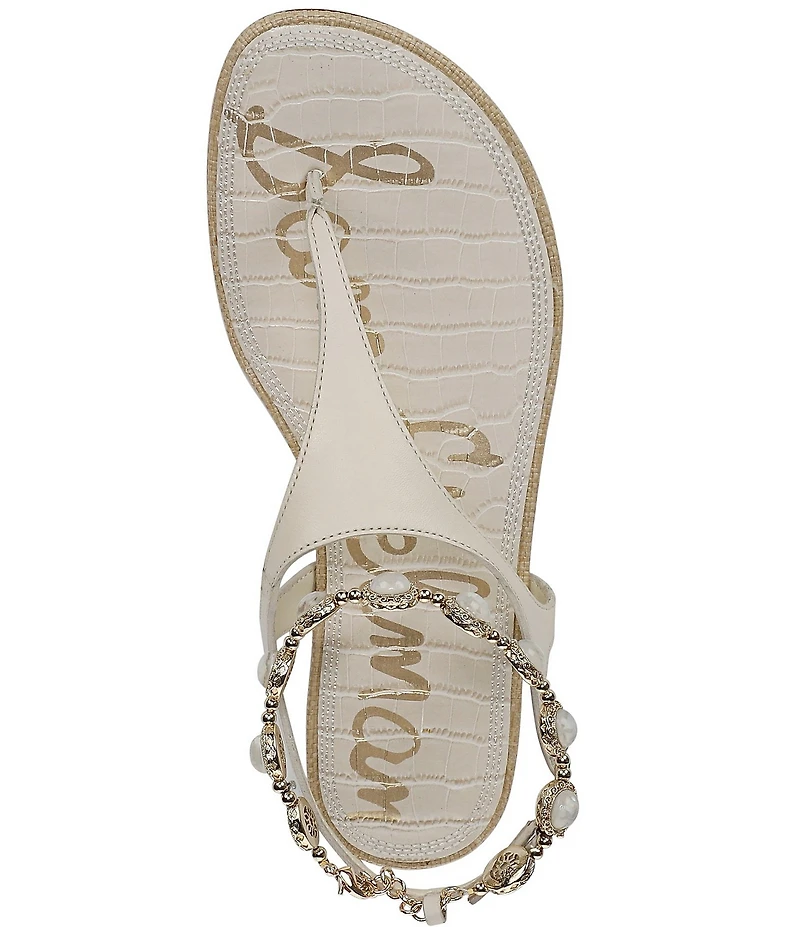Sam Edelman Canna 2 Leather Pearl Embellished Anklet T-Strap Flat Sandals