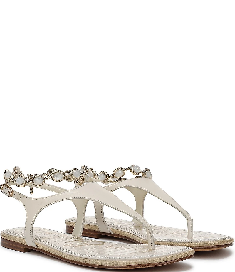 Sam Edelman Canna 2 Leather Pearl Embellished Anklet T-Strap Flat Sandals
