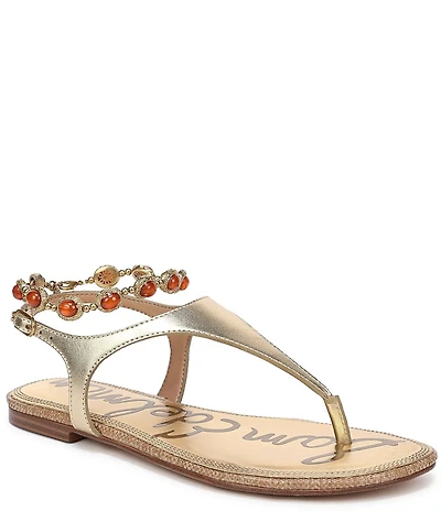 Sam Edelman Canna 2 Metallic Leather Embellished Anklet T-Strap Flat Sandals