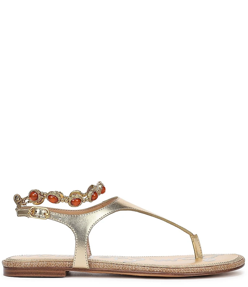 Sam Edelman Canna 2 Metallic Leather Embellished Anklet T-Strap Flat Sandals