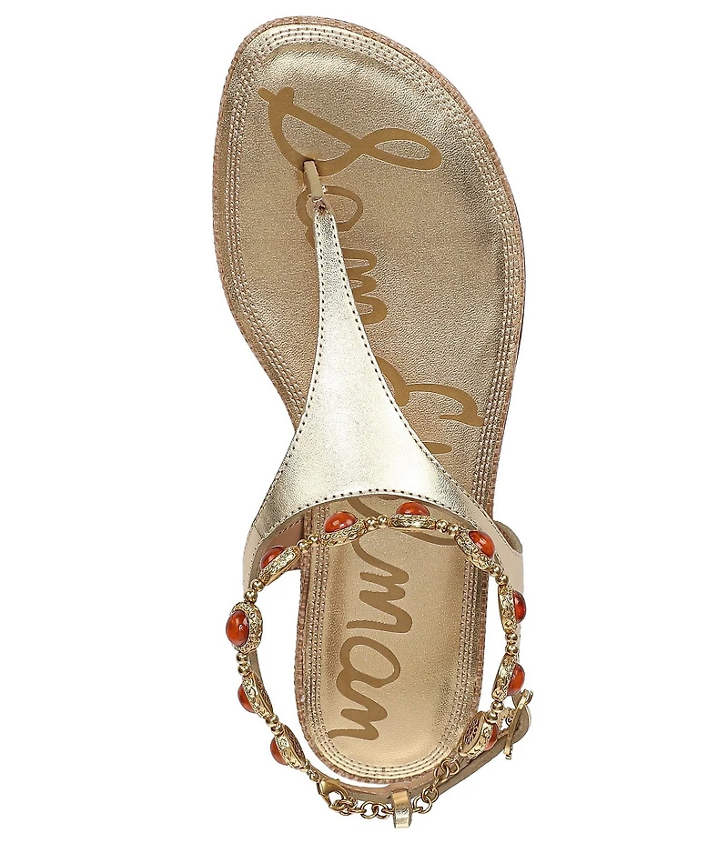 Sam Edelman Canna 2 Metallic Leather Embellished Anklet T-Strap Flat Sandals