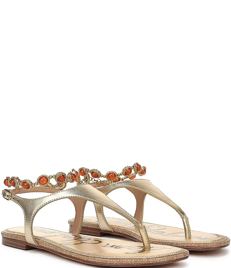 Sam Edelman Canna 2 Metallic Leather Embellished Anklet T-Strap Flat Sandals