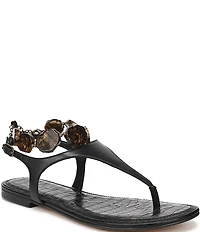 Sam Edelman Canna Leather Stone Embellished Anklet T-Strap Flat Sandals