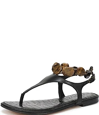 Sam Edelman Canna Leather Stone Embellished Anklet T-Strap Flat Sandals