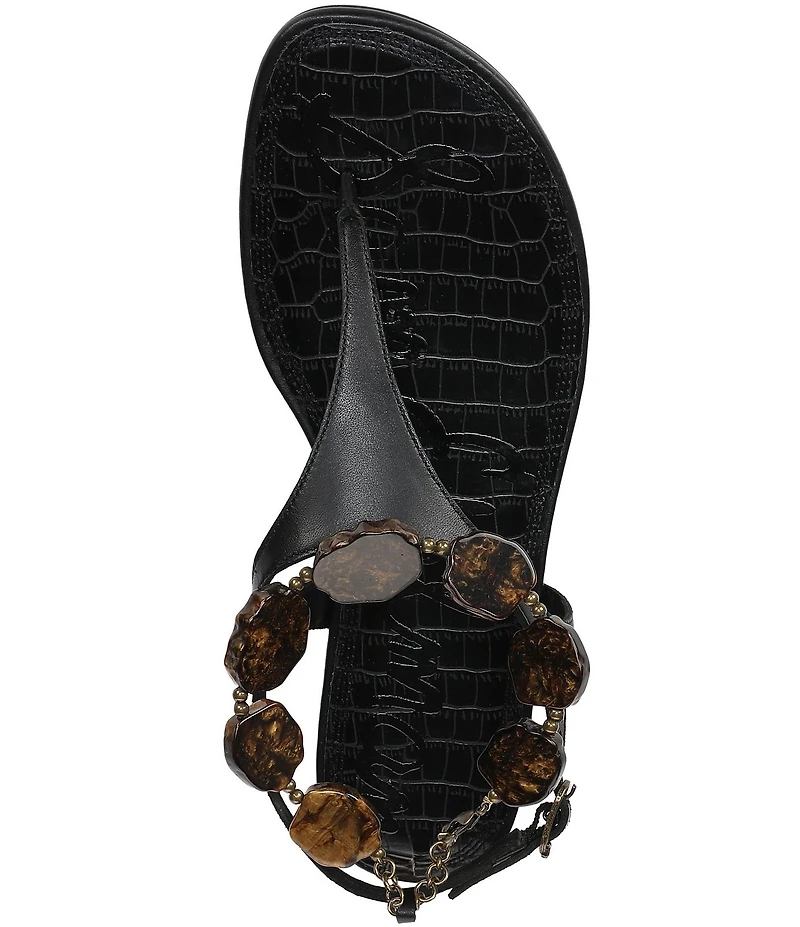 Sam Edelman Canna Leather Stone Embellished Anklet T-Strap Flat Sandals