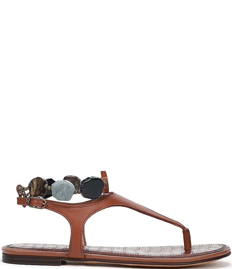 Sam Edelman Canna Leather Stone Embellished Anklet T-Strap Flat Sandals