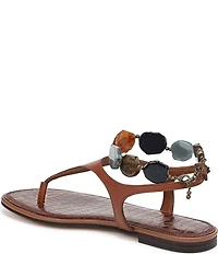 Sam Edelman Canna Leather Stone Embellished Anklet T-Strap Flat Sandals