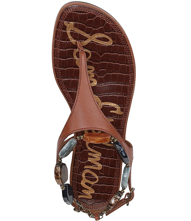 Sam Edelman Canna Leather Stone Embellished Anklet T-Strap Flat Sandals