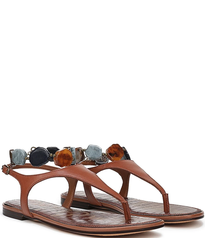 Sam Edelman Canna Leather Stone Embellished Anklet T-Strap Flat Sandals