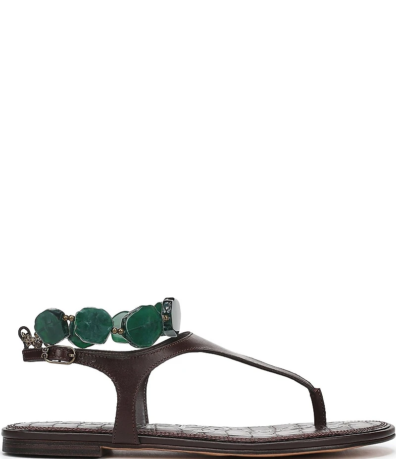 Sam Edelman Canna Leather Stone Embellished Anklet T-Strap Flat Sandals
