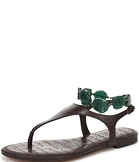Sam Edelman Canna Leather Stone Embellished Anklet T-Strap Flat Sandals