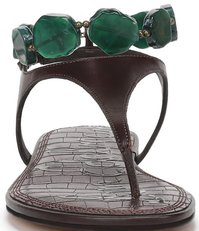 Sam Edelman Canna Leather Stone Embellished Anklet T-Strap Flat Sandals