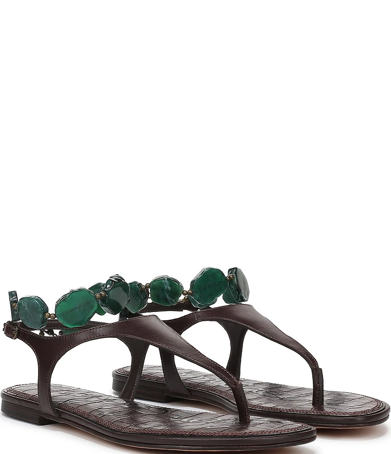 Sam Edelman Canna Leather Stone Embellished Anklet T-Strap Flat Sandals