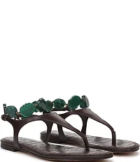 Sam Edelman Canna Leather Stone Embellished Anklet T-Strap Flat Sandals