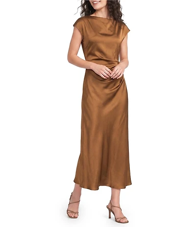 Sam Edelman Cap Sleeve Ruched Satin Midi Dress