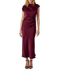 Sam Edelman Cap Sleeve Ruched Satin Maxi Dress
