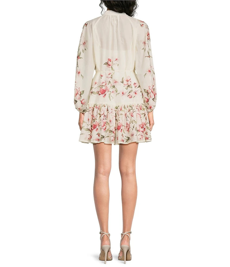 Sam Edelman Chiffon Floral Print Mock Neck Long Sleeve A-Line Mini Dress