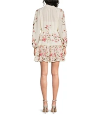 Sam Edelman Chiffon Floral Print Mock Neck Long Sleeve A-Line Mini Dress
